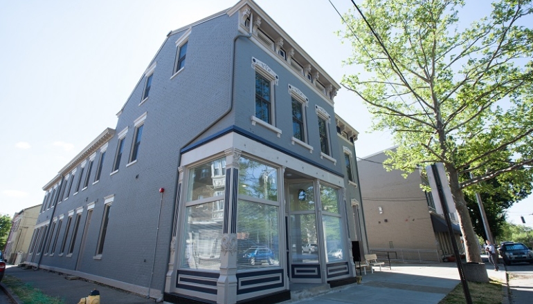 Side view of blue building